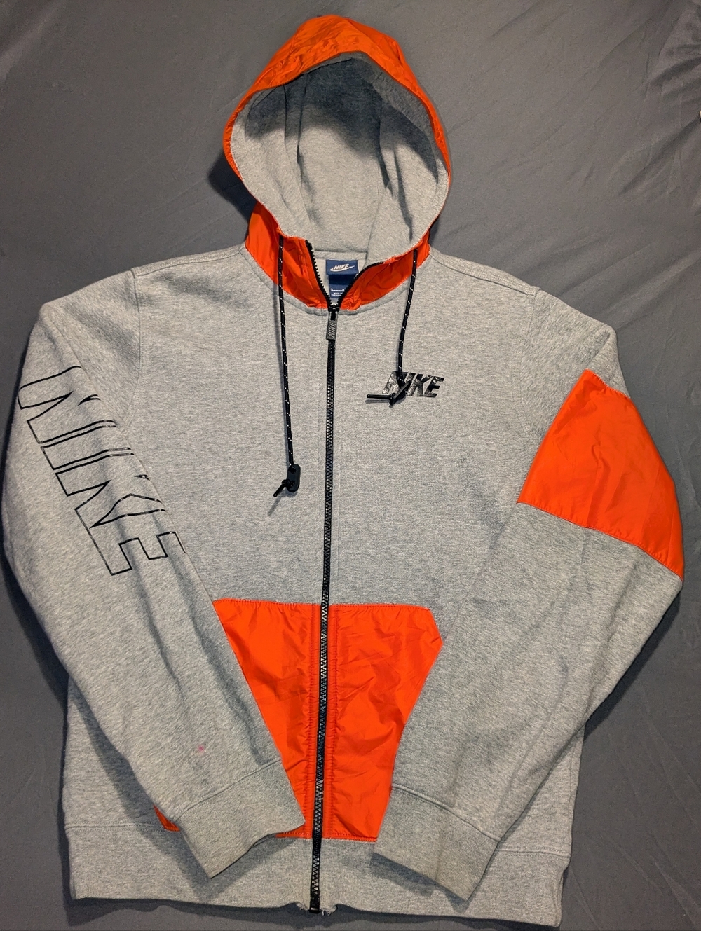 Nike Mens Full Zip Hoodie Grey Orange Nylon Contrast Graphic Sleeve Small